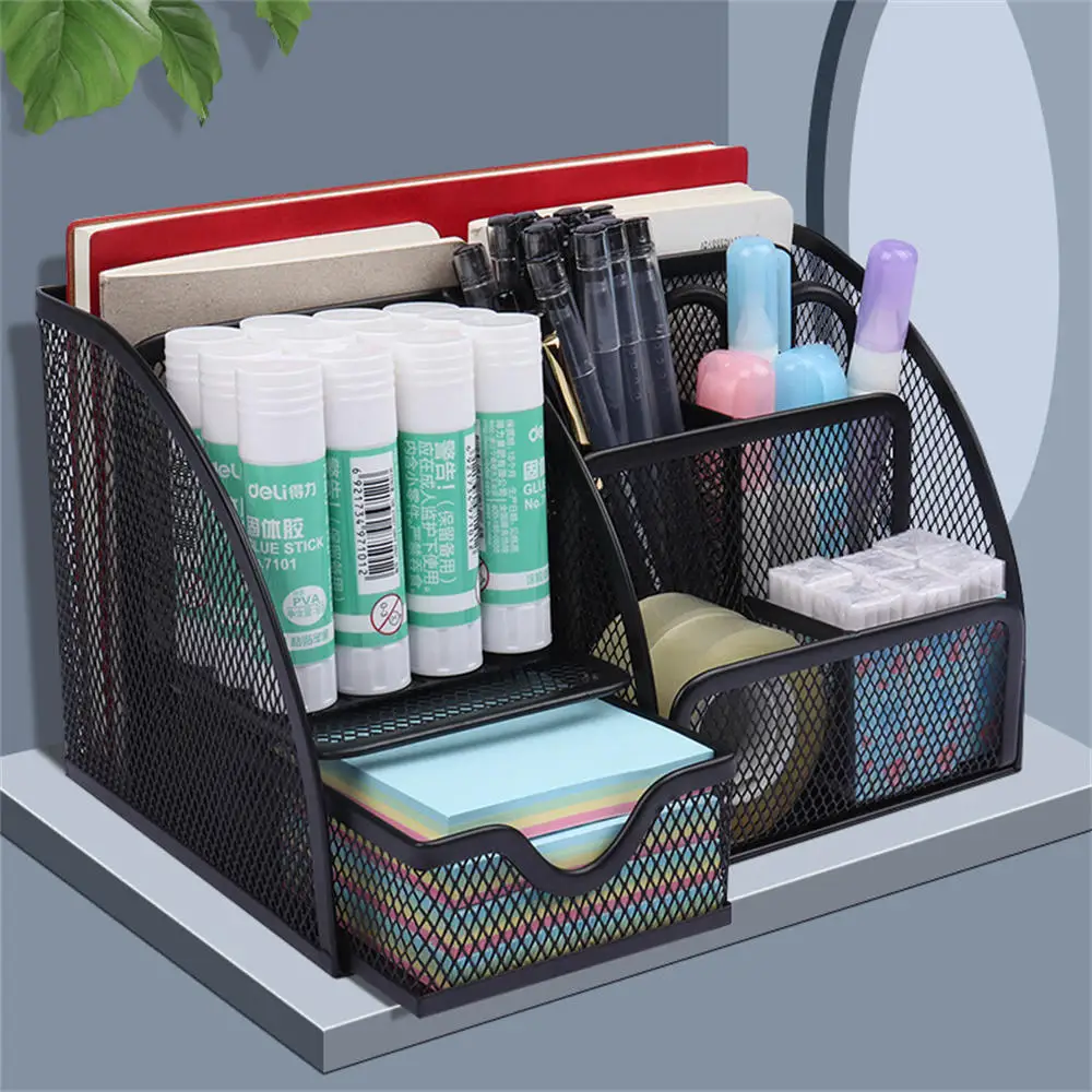 Desktop Storage Box Metal Mesh Square Storage Rack Pencil Pen Holder Large Capacity Stationery Organizer School Office Supplies