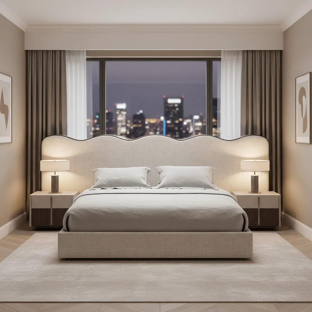 

Corner Tall Headboard Design with Pipping Linen Fabric Bed Frame