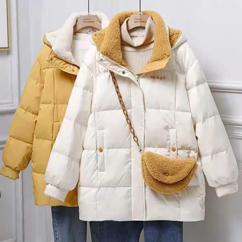 2023 New Winter Cotton Clothing Women Fashion Versatile Length Loose Cotton Jacket Hooded Cotton Cotto Lamb Wooln Jacket