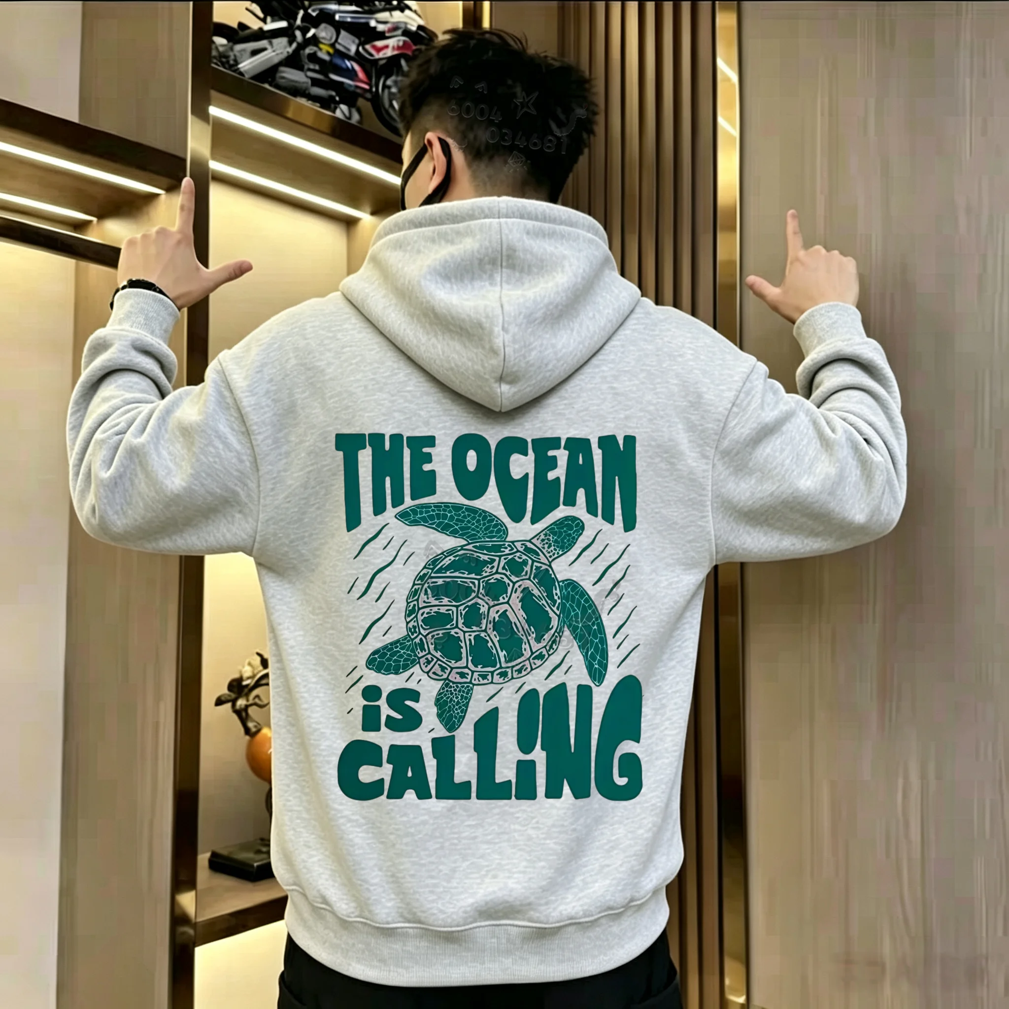Y2K Unisex Loose Hoodie Sea Turtle The Ocean Is Calling Back Print Sweatshirt Autumn Winter Fleece Warm Street Pullover