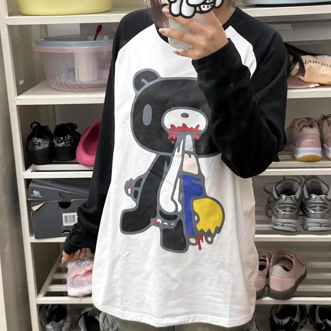 Cute Pink Raglan Sleeve Fun Bear Cartoon Graphic Tees Long Sleeve Oversized Pullover 2000s Y2K E-girls Punk Japan Anime Tops