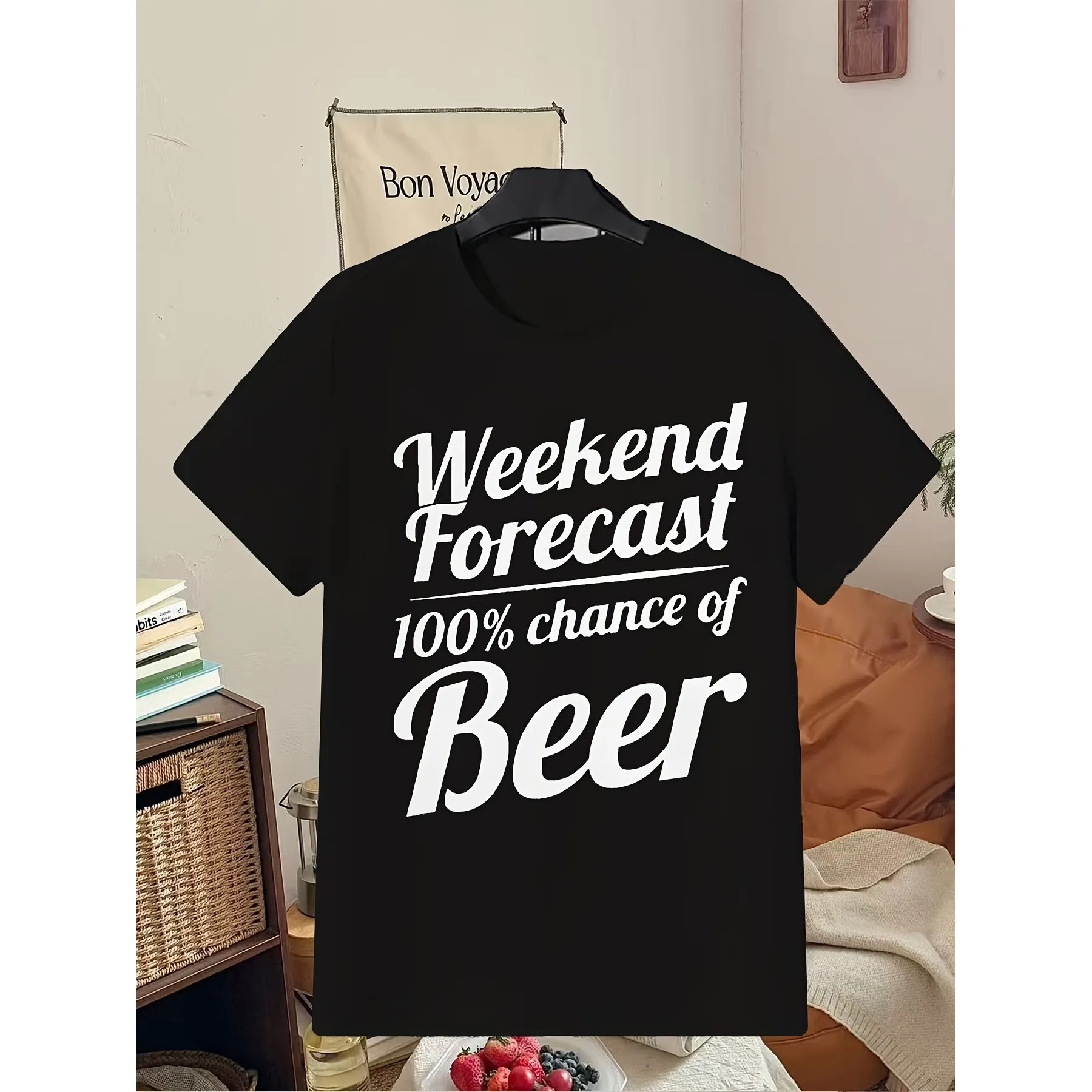 Weekend Forecast Beer Graphic Tee Premium Cotton Casual Short Sleeve Shirt Breathable Slim Fit Trendy Men's Casual Apparel