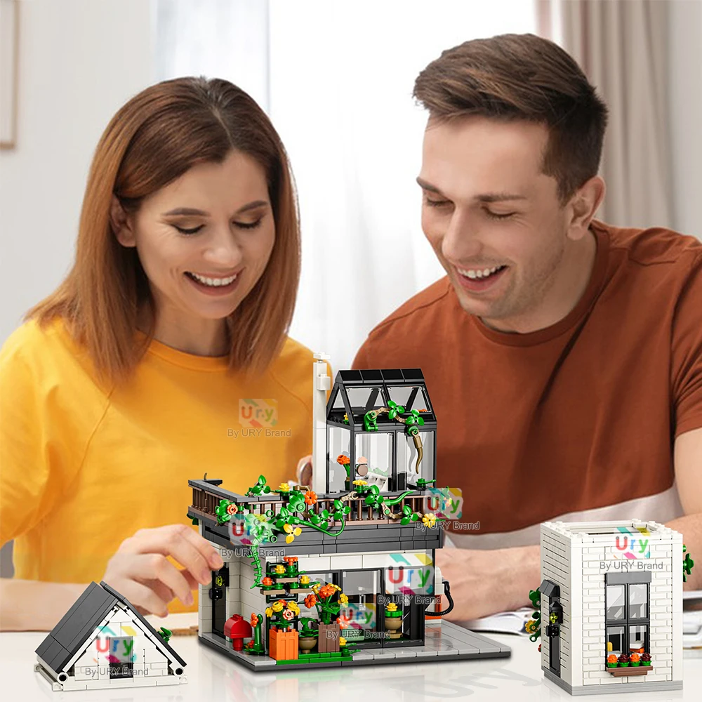 Stadt Street View Modulare Retro Weiß Freistehende Villa Sonnenschein Blumenhaus MOC Architektur Bausteine Sets Spielzeug für Kinder