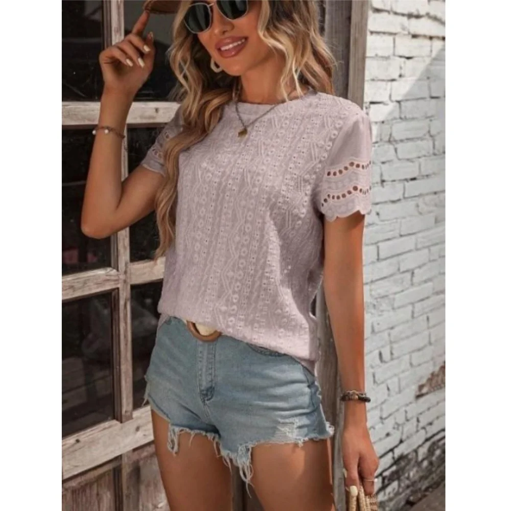 Women\'s T-shirt COTTON Tops 2024 Summer Street Hollowed Out Simple Solid Color V Casual Shirt Y2k T Shirt White Blusa Mujer Moda