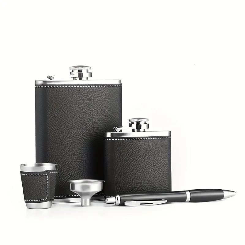 Premium black leather flask set-3oz/8oz stainless steel, soft touch, leak-proof, with 2 cups and chimney-stylish portable drink