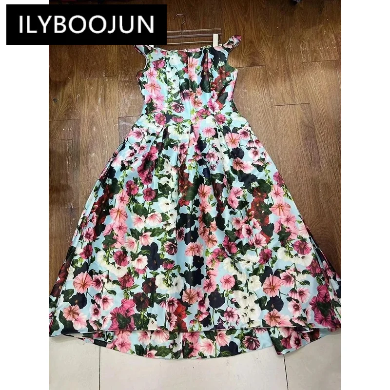 Imagem -06 - Ilyboojunvestido Casual Estampado para Mulheres Gola Barra sem Mangas Cintura Alta Patchwork Dobras Vestidos Elegantes Moda Feminina Novo