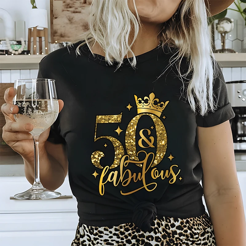 Women T Shirt 50th Fabulous Birthday Party Tees Fashion Shiny Crown Graphic Y2k Tops Female Clothing Casual Short Sleeve Tees