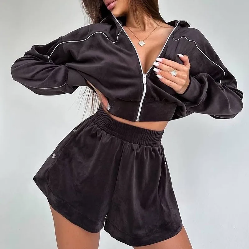 Simple Solid Long Sleeved Sports Suit Casual Zipper Cardigan+Shorts 2pc Set Fashion Striped Stand Up Collar Waist Cinch Home Set