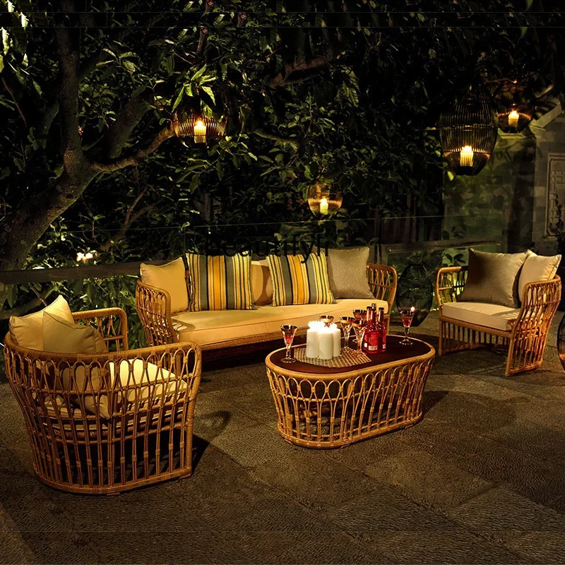 

Outdoor rattan sofa open-air rattan chair Nordic light luxury homestay courtyard living room coffee table combination0420