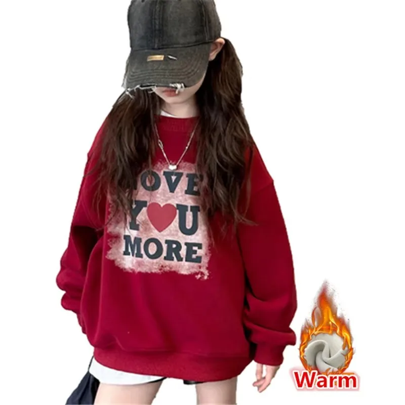 

Kids Thicken Cashmere Sweatshirt Tee Top for Girls Letter Heart Warm Thermal T-Shirt Winter Clothes for Teenagers 5 7 9 11 13 14