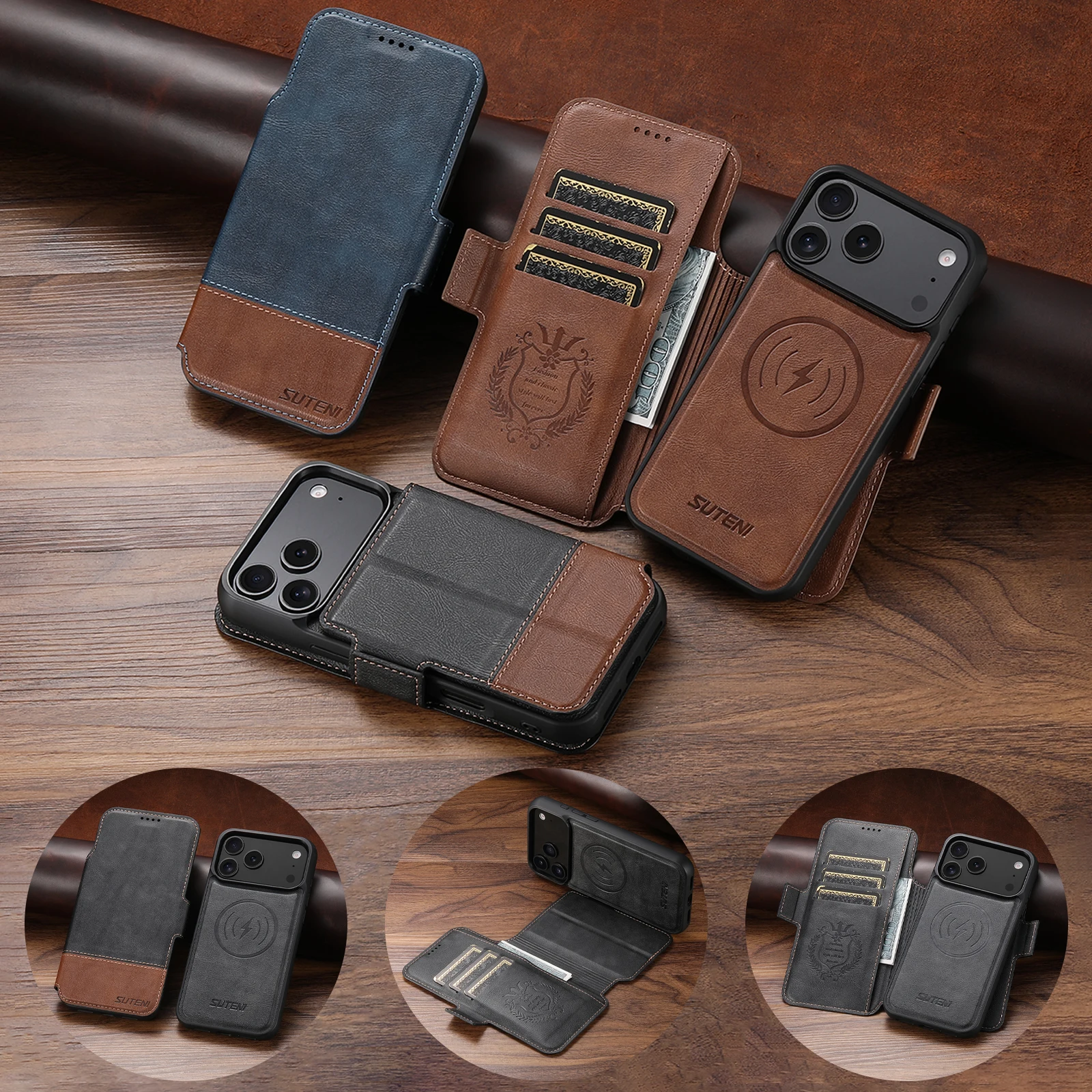 

SUTENI Wireless Charging Phone Case Magnet Card Holder Stand Faux Leather For iPhone 17 Pro Max 16 Plus 15 14 13 12