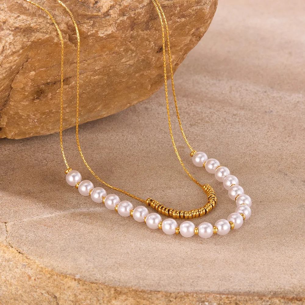 Doppelschichtige Perlenketten aus Edelstahl für Damen, frische, süße Schlüsselbeinkette, modischer, vielseitiger Schmuck – Detail 8