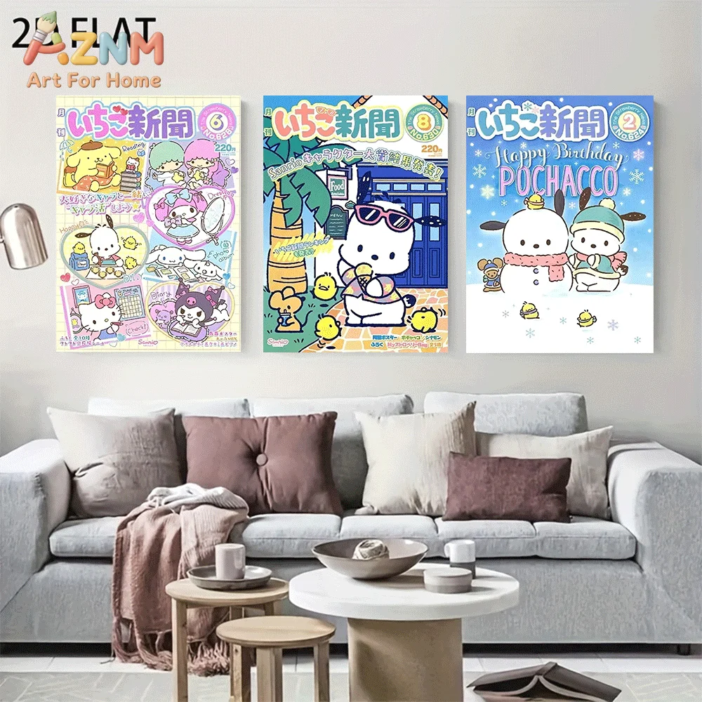 AZNM Sanrio Pochacco Canvas Wall Art Unframed Cute Cartoon Magazine Cover Summer Winter Birthday Theme Print Painting Bedroom Ho