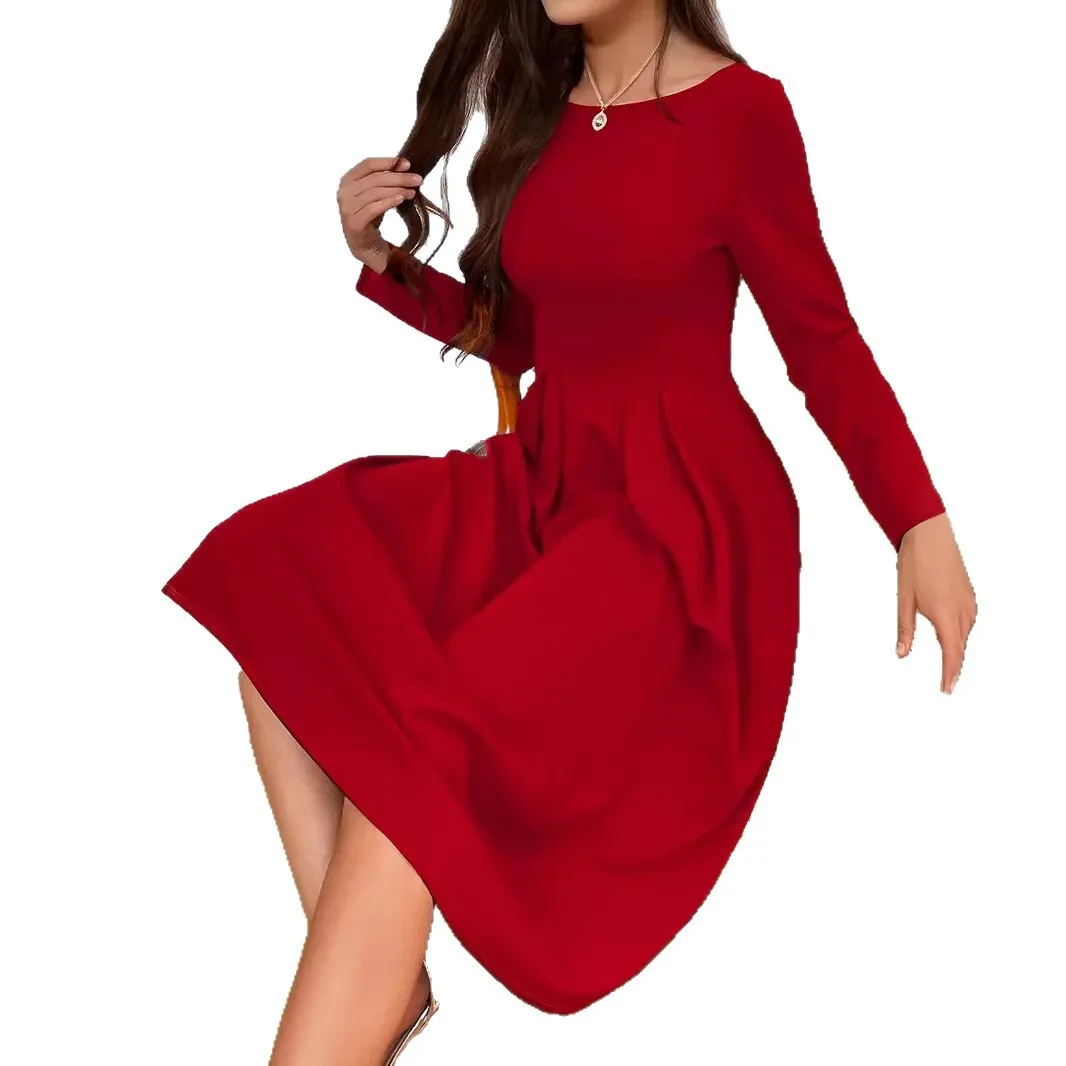 

Korean Commuter Long and Short Horn Long-sleeved Dress with Its Own Coaster Versatile Waist Trimming and Thin Skirt Cw12051