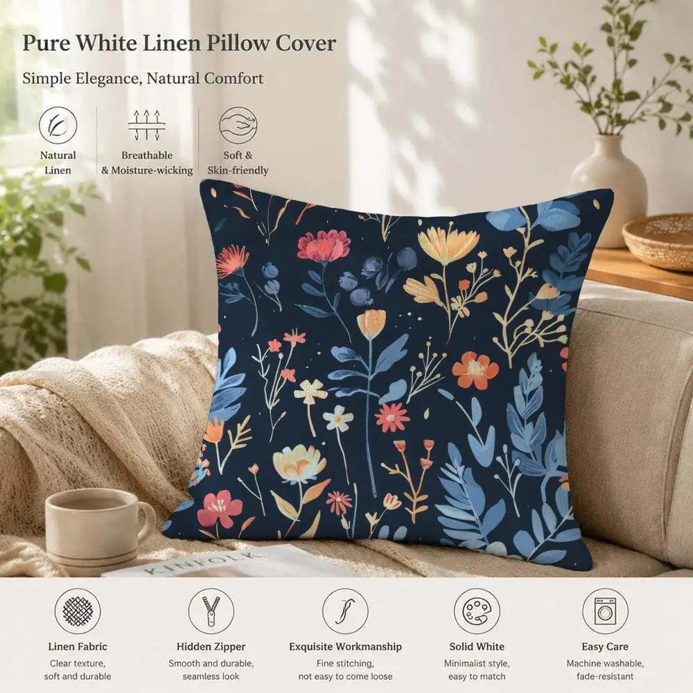 Colorful Plant And Flower Design Cushion Cover Natural Linen Pillow Case Organic Fabric Double Sided Print Sofa Home Decor Gift