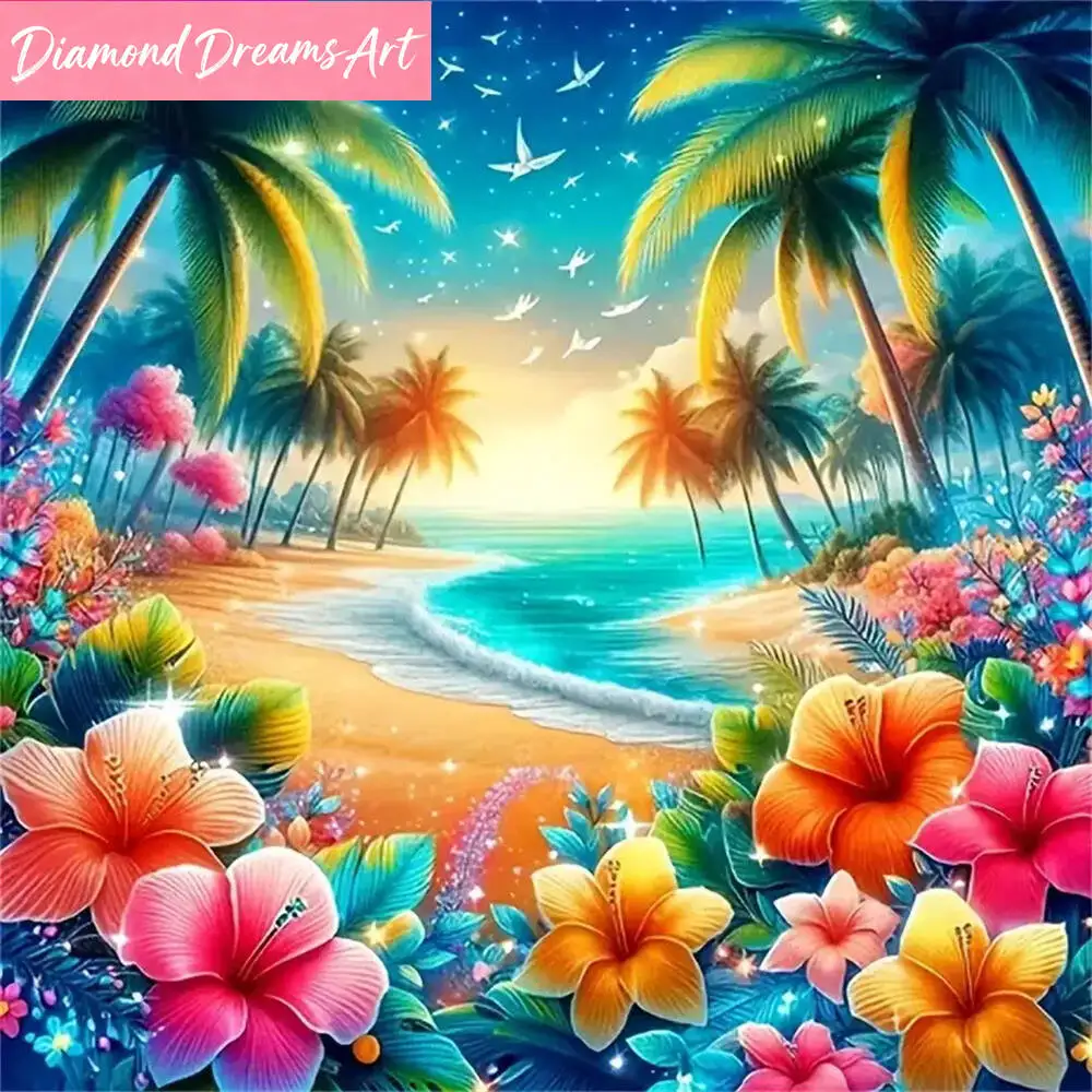 Diamond Painting seaside landscape DIY Full Square round Diamond Mosaic lily flower Decor for home,frameless