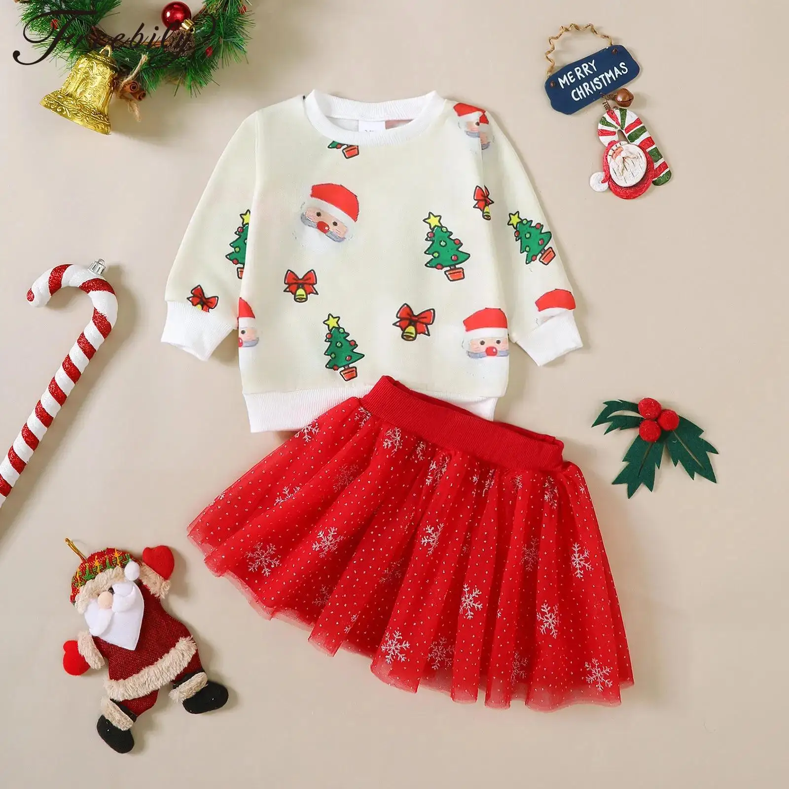 

Baby Girls Christmas Clothes Xmas Element Printed Long Sleeve Shirts Pullover Tops Ruffled Mesh Skirt Kids New Year Party Outfit