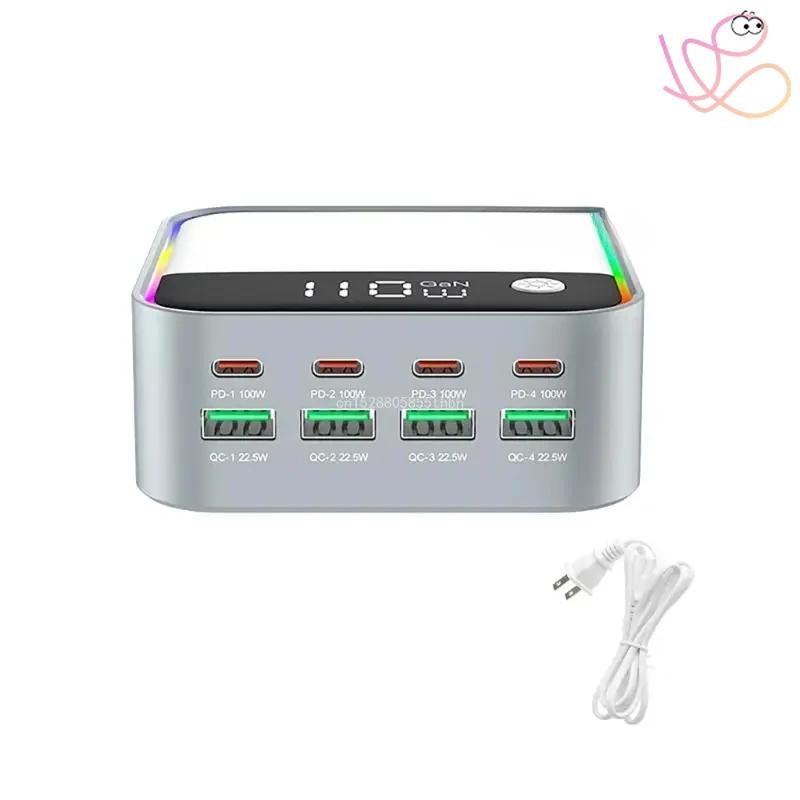 Desktop Phones Charging Dock Adapter with 8 Port Including 4 USB and 4 Type C for Efficient Power Distribution