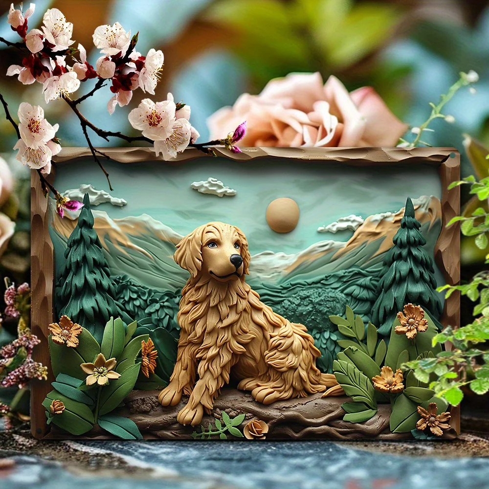 Golden Retriever Metal Tin Wall Art, Autumn Landscape Dog Decor for Bedroom, Garden, Classroom, Vintage-Style Halloween Gift