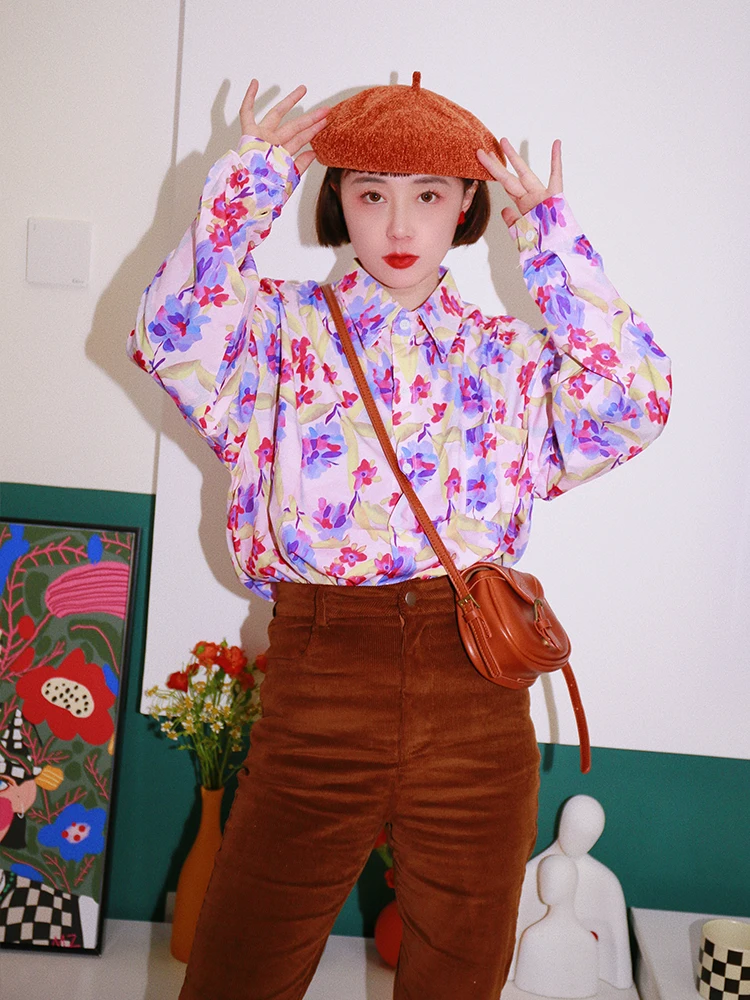 

Ретро-рубашка с цветочным принтом, свободного кроя, для молодых женщин, из хлопка и шифона, с воротником и пуговицами, для повседневной носки