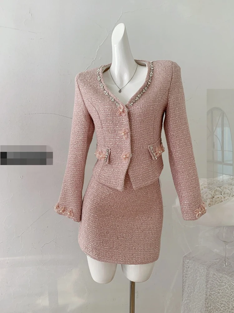 UCXQ Elegant Women's Sets Korean Style Nail Bead V-neck Pink Jacket Short Skirt Temperament Two-piece Set 2024 Spring Autumn 214