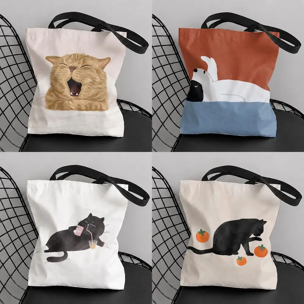 Lazy Cat Art Design Storage Bags Large Capacity Canvas Tote Bag Double-Sided Print Shoulder Handbag for Daily Shopping