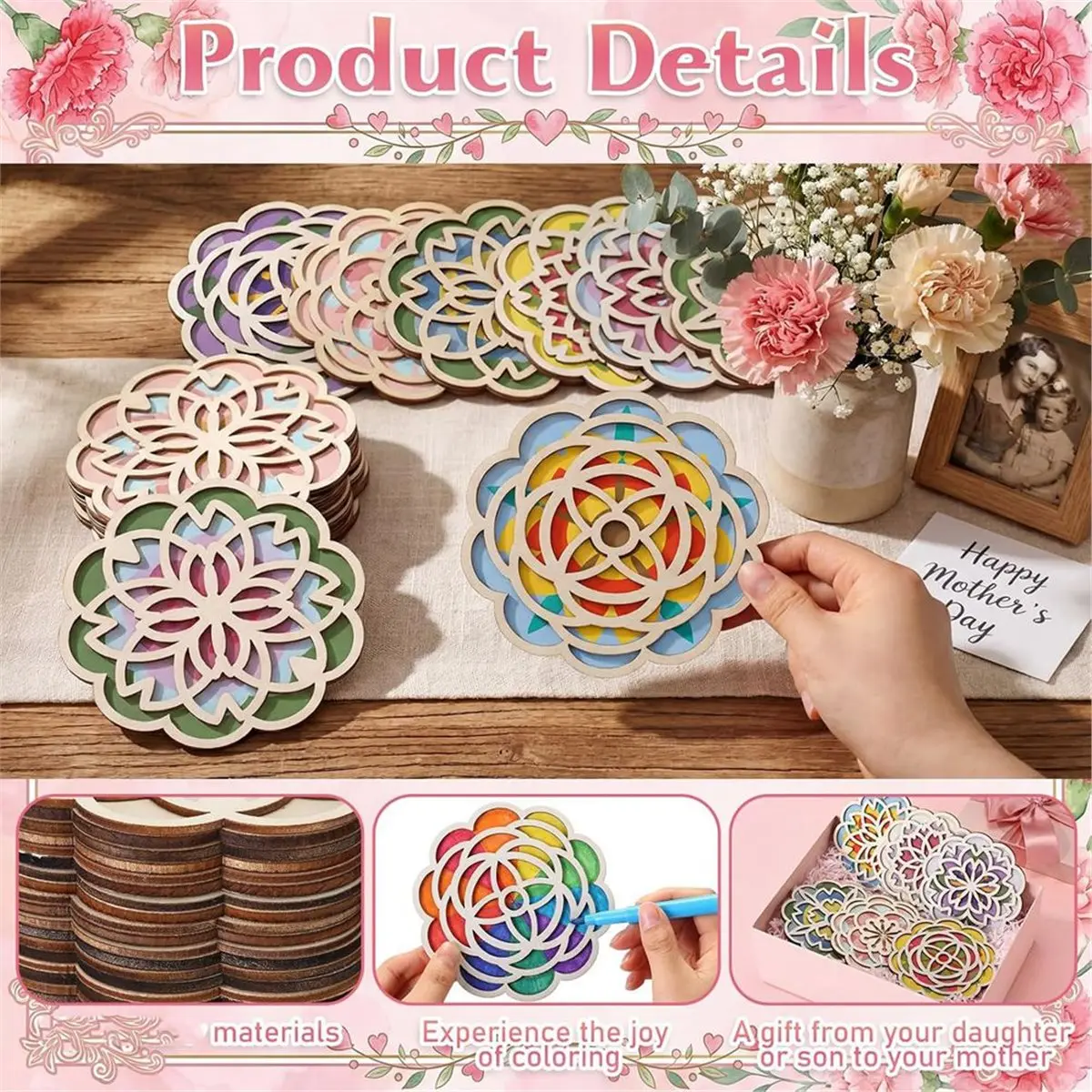 12 Pcs Unfinished Wood Coasters Crafts DIY Coloring Set Gifts From Kids for Mom Table Décor