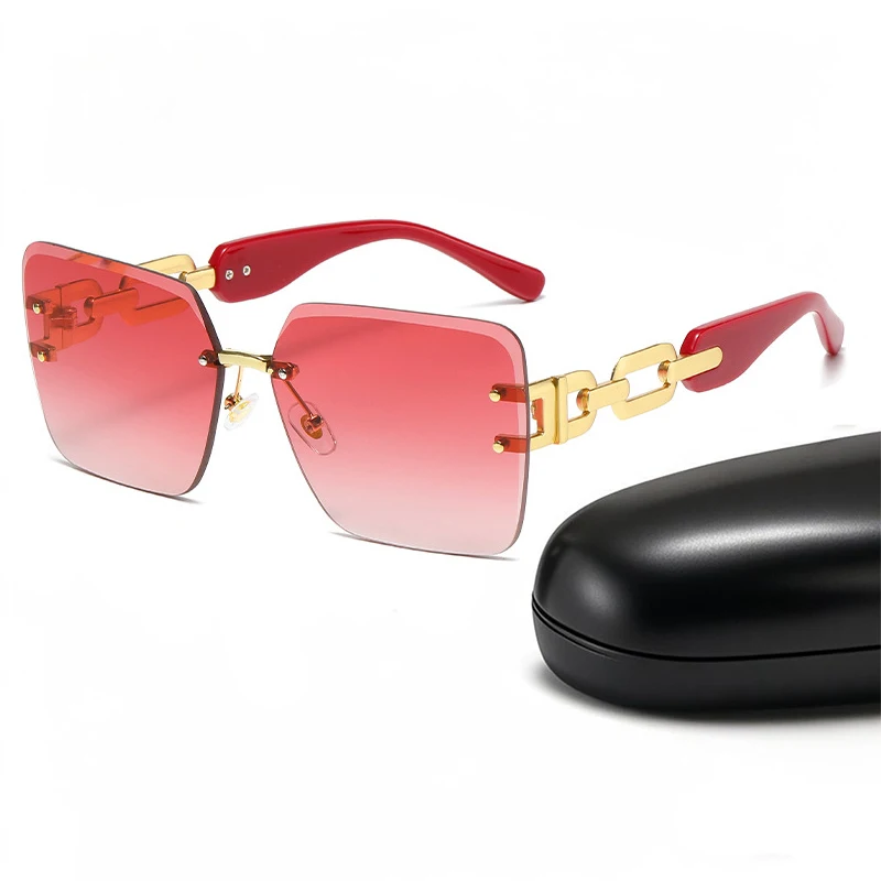 

Square Rimless Chain Leg Women Men Sunglasses Fashion Retro Gradient Driving Red Sun Glasses Vintage Design Female Male Eyewear