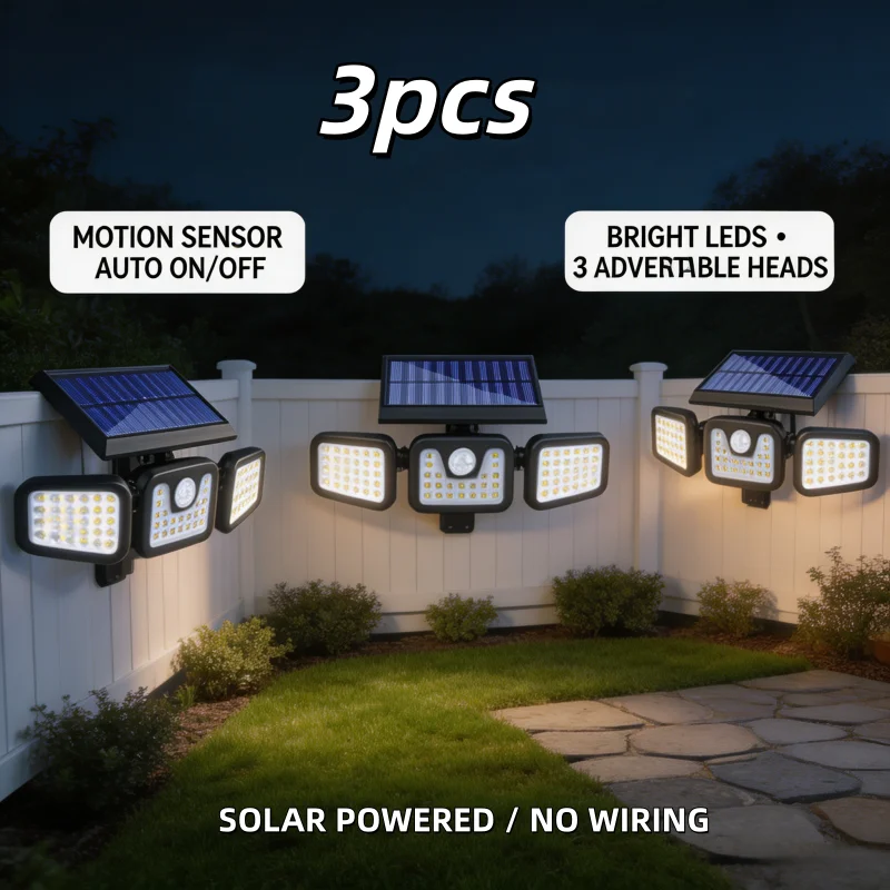 3-Piece Solar-Powered Outdoor Floodlight Set: Three-Head Adjustable LED Security Floodlights, Waterproof Wireless Wall Lights