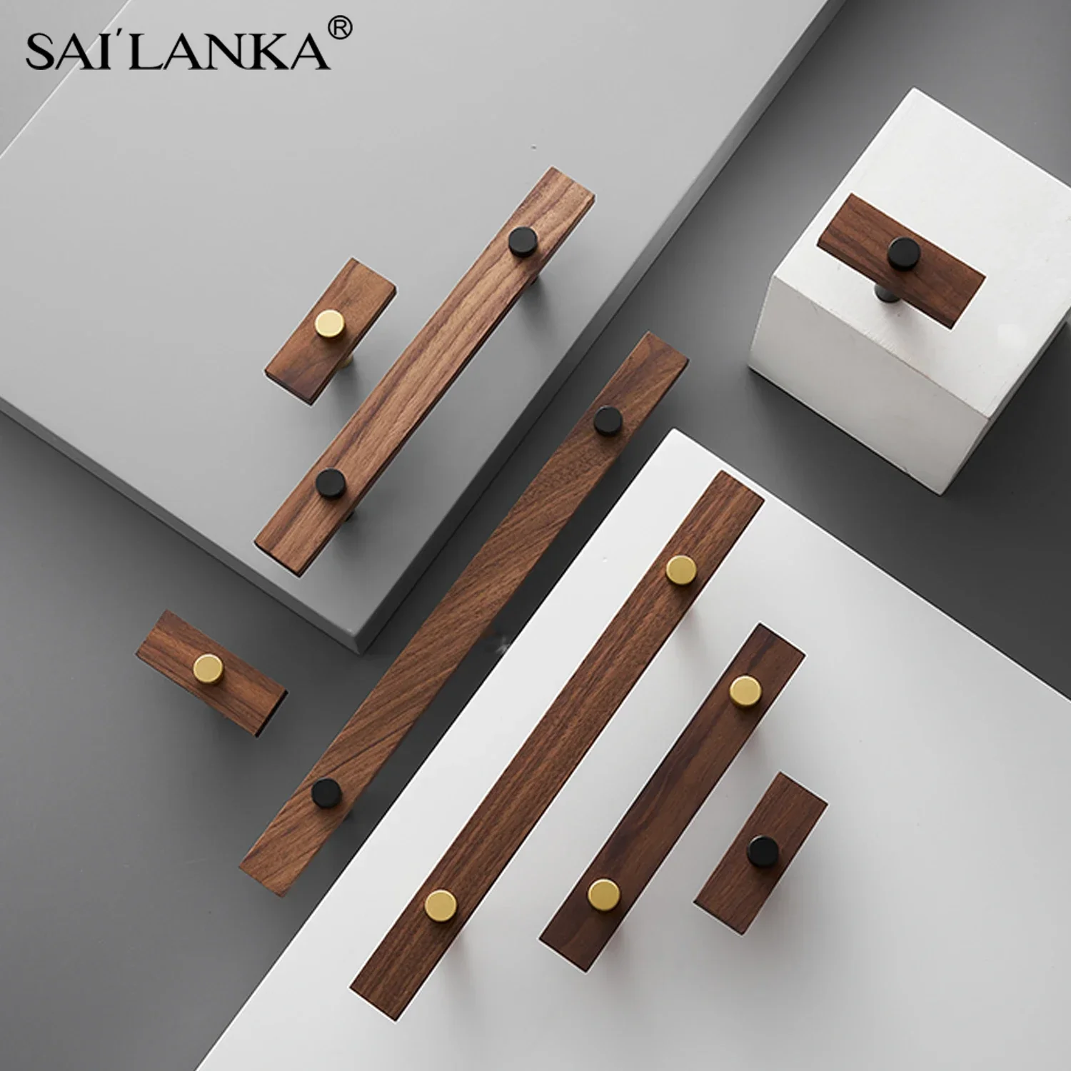 SAILANKA Brass Furniture Handles Modern Retro Walnut Brass Long Modern Pulls Cupboard Wardrobe Dresser Drawer Cabinet Knobs