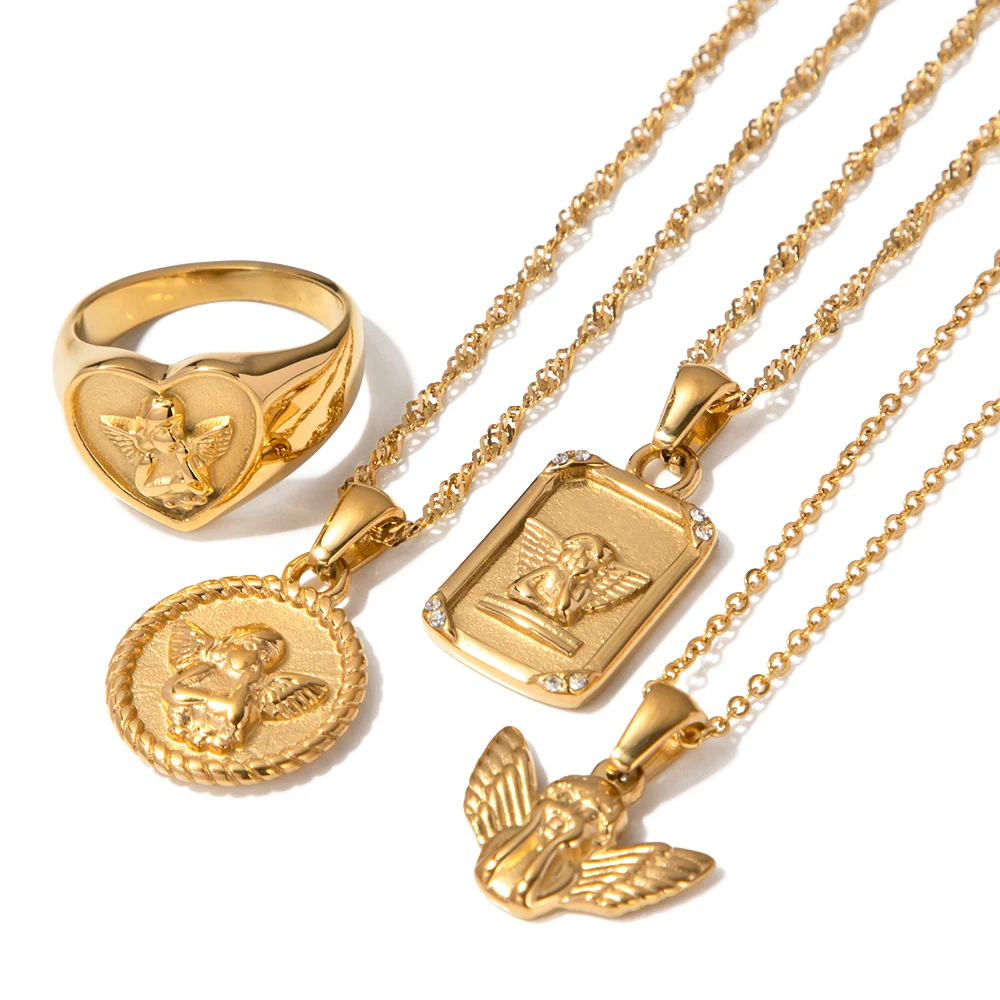 Uworld-Collar con colgante de Ángel de acero inoxidable 316L, joyería de cadena chapada en oro de 18K, accesorios de Collar con dije redondo para regalo de mujer
