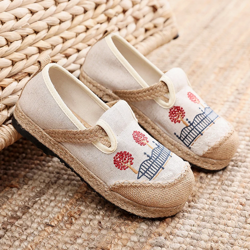 Veowalk Trees Embroidered Women Handmade Linen Cotton Slip On Espadrilles Flat Shoes Vegan Comfortable Loafers for walking