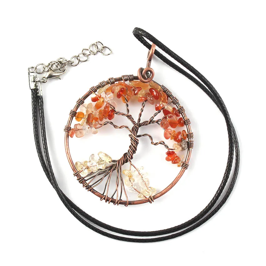 Antique Copper Wire Wrapped Tree of Life Stone Pendant Necklace For Women Nautral Amethyst Citrine Crystal Chip Gemstone Jewelry