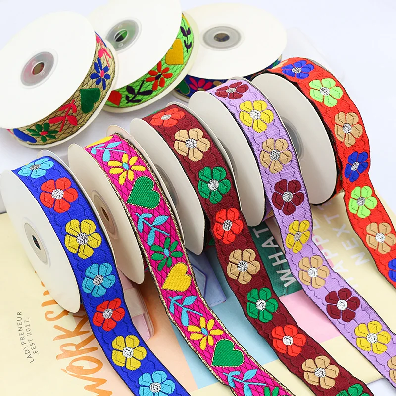 

8M Ethnic Embroidery Trim Roll - Vintage-Inspired Jacquard Ribbon with Floral Motifs for Clothing Accessories, Bags & Crafts