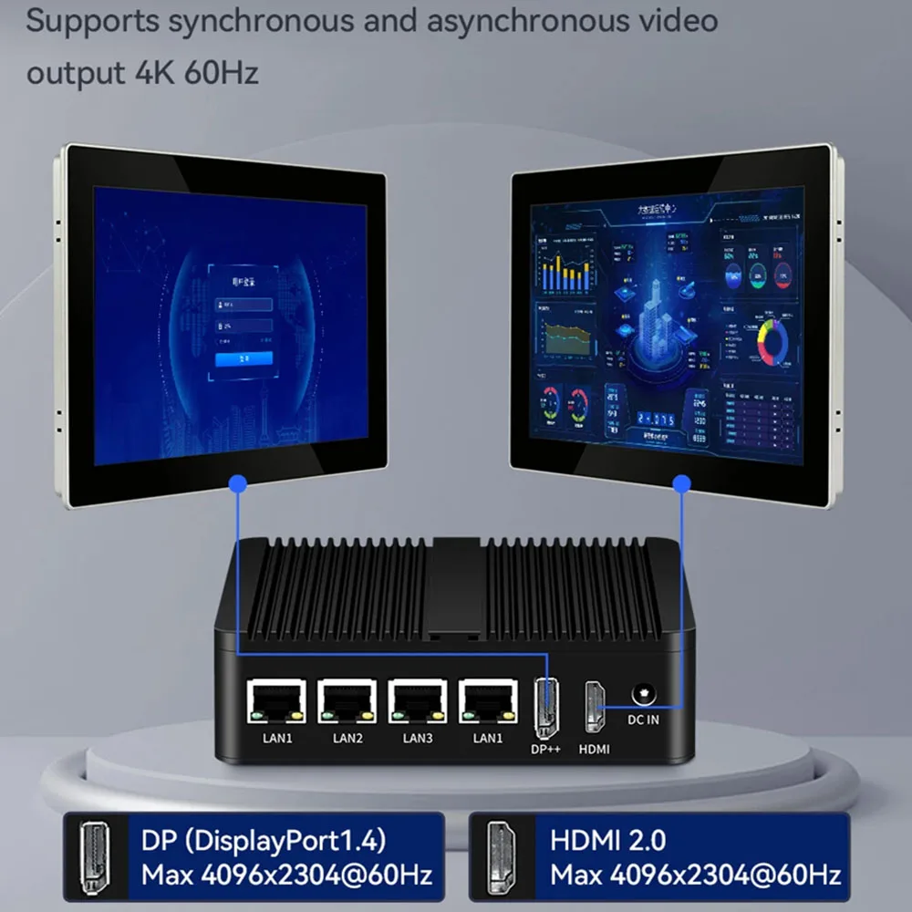 Helorpc 4LAN Industrial Mini PC with Intel 12th Gen N100 with 2xUSB3.0 4xUSB2.0 Support WIN10 LINUX WIFI BT RS232/485 Computer