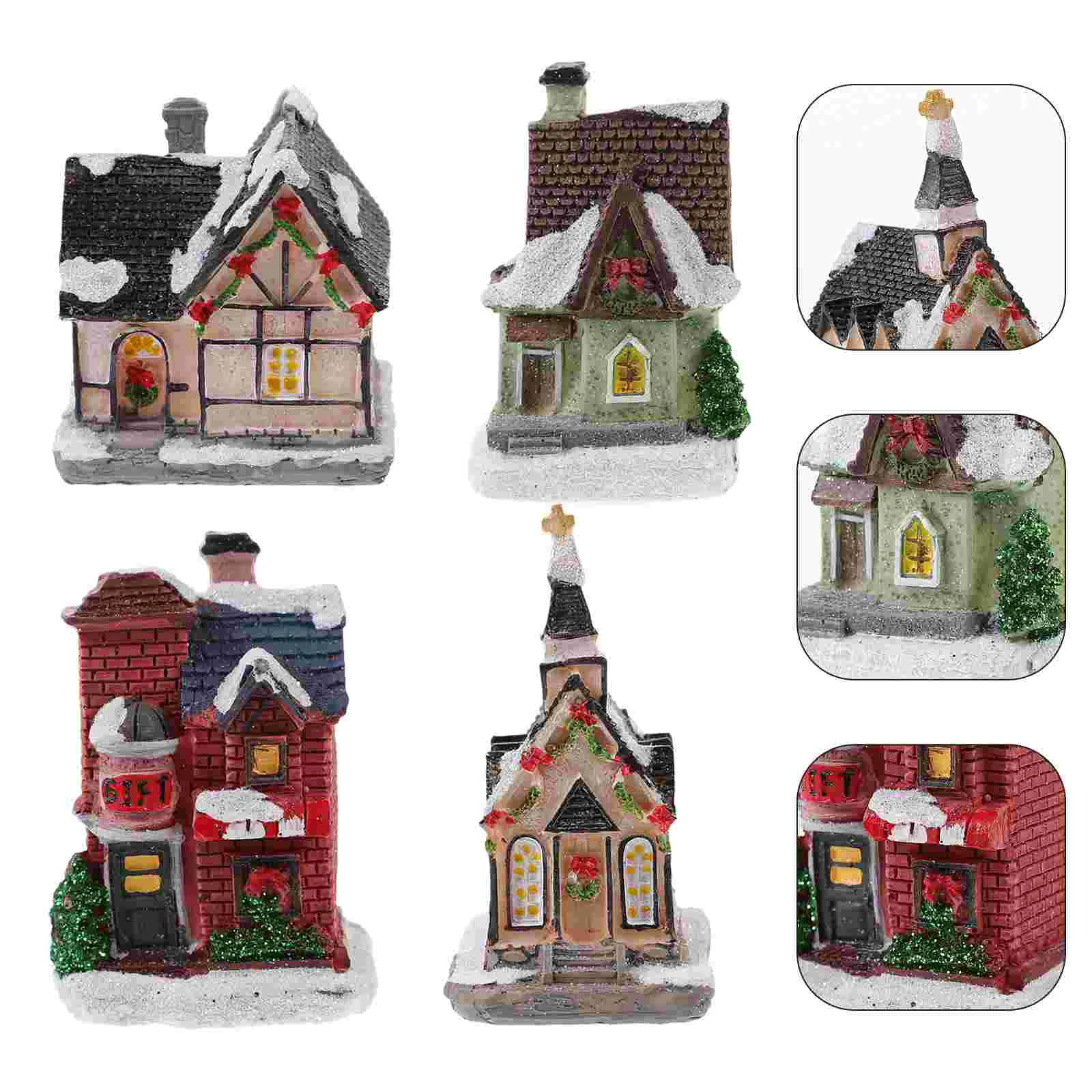 

4 Pcs Christmas Glowing House Resin Ornament Xmas Luminous Adorn Decor Creative Decorate