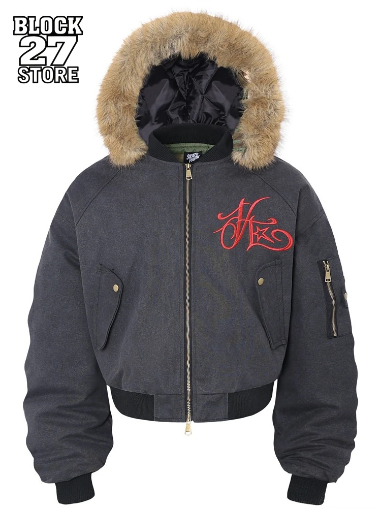 

Mens Jacket Streetwear Winter Hooded Cotton Bomber Jacket Letter Embroidery Detachable Fur Collar Pleated Design Retro Fashion