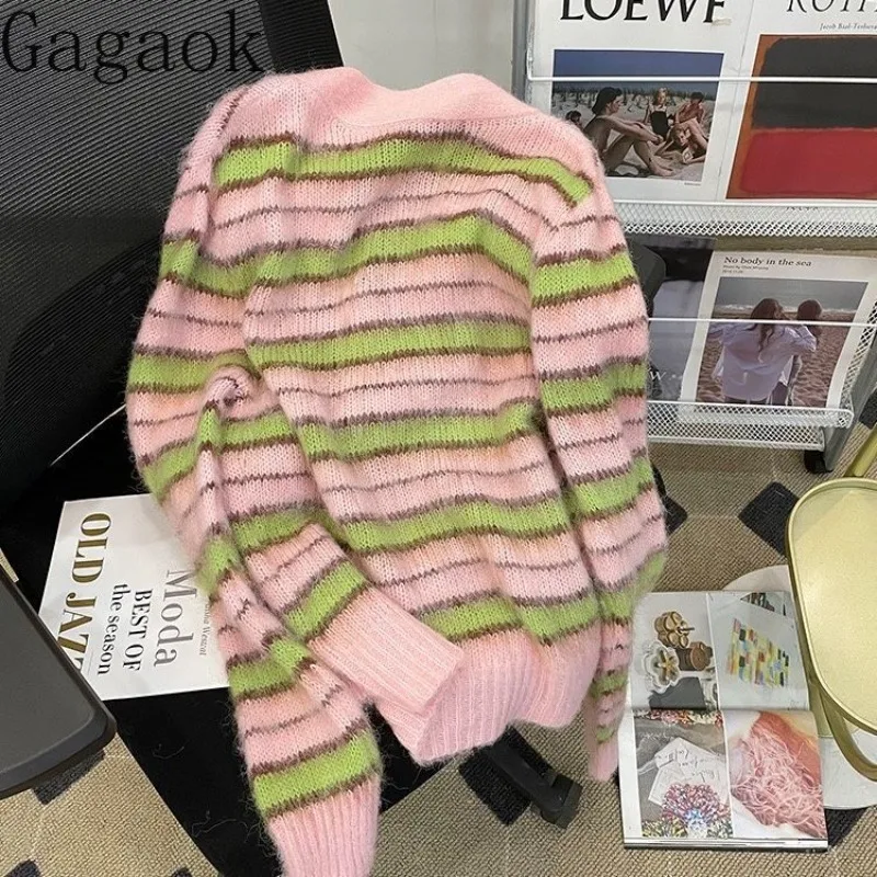 Gagaok Sweaters Lazy Contrast Stripe Knitted Cardigan Women\'s 2023 Autumn New Soft V-Neck Full Sweater Coat Streetwear Warm Tops