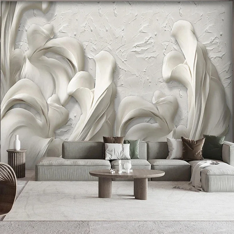 European Wallpaper 3D Embossed Lily Petals Flowers Gypsum Painting for House TV Wall Living Room Decor Modern Simple Mural Paper