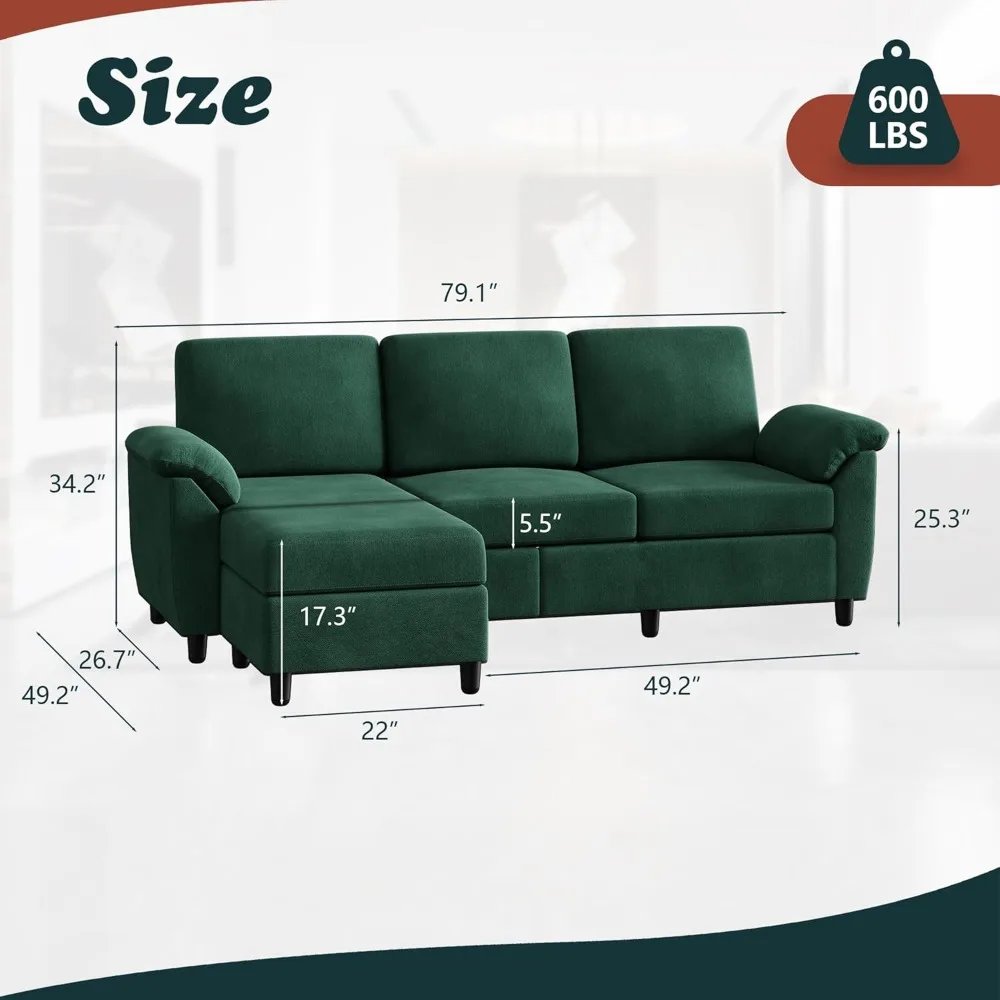 79” Convertible Sectional, 3-Seat L-Shaped Sofa with Removable Pillows Linen Small Sectional, Mid-Century Style, Green