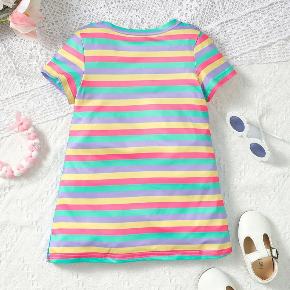 Girls Dresses Summer Girls Cute Unicorn and Rainbow Stripe Print Round Neck Short Sleeve T-Shirt Dress Girls Casual Dresses