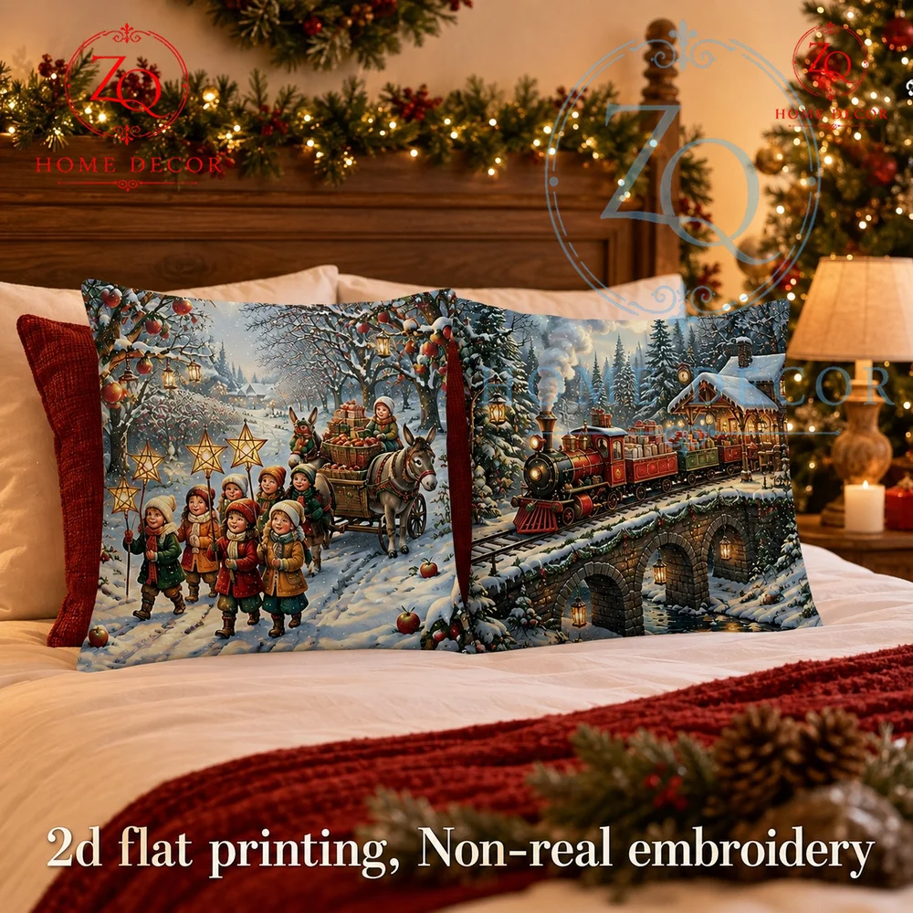 Vintage Christmas Kids  Donkey Cart Throw Pillow Cover Winter Snowy Farmhouse Holiday Cushion Case  Couch Decor