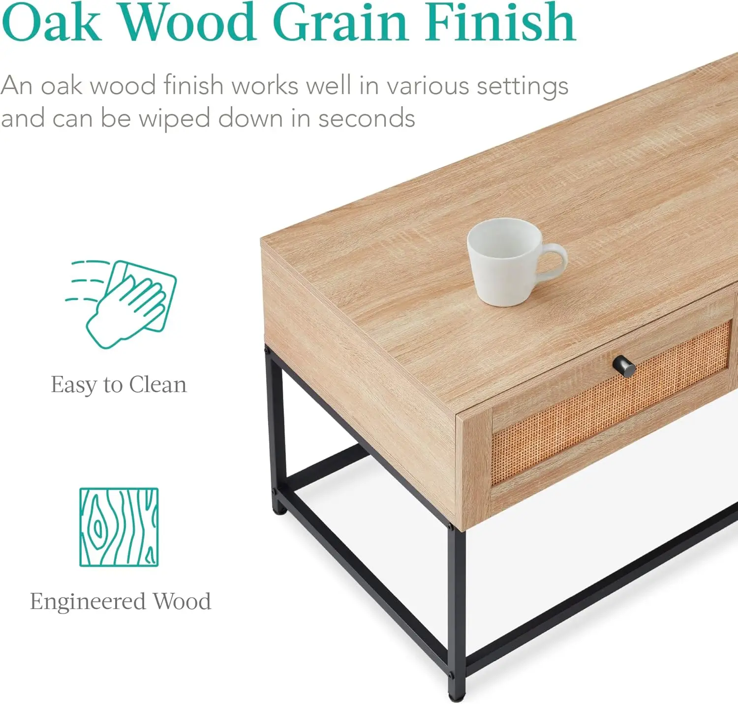 39in Rattan Coffee Table, 2-Drawer Modern Boho Home Furniture for Living Room, Bonus Room w/Wicker Storage Compartments