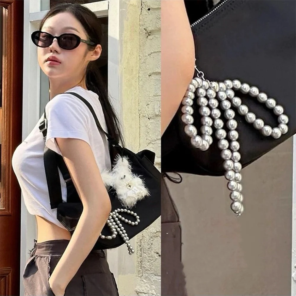 Korean Y2K Pearl Beaded Key Chain Handmade Bow Shaped Keyring Heart Keychain Ornament Pearl Decoration For Bags And Phones