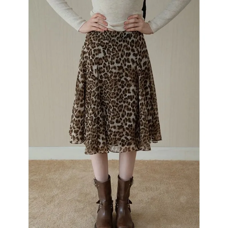

Женская шифоновая юбка миди с леопардовым принтом, с высокой талией, с оборками, А-силуэта, для повседневной носки и вечеринок