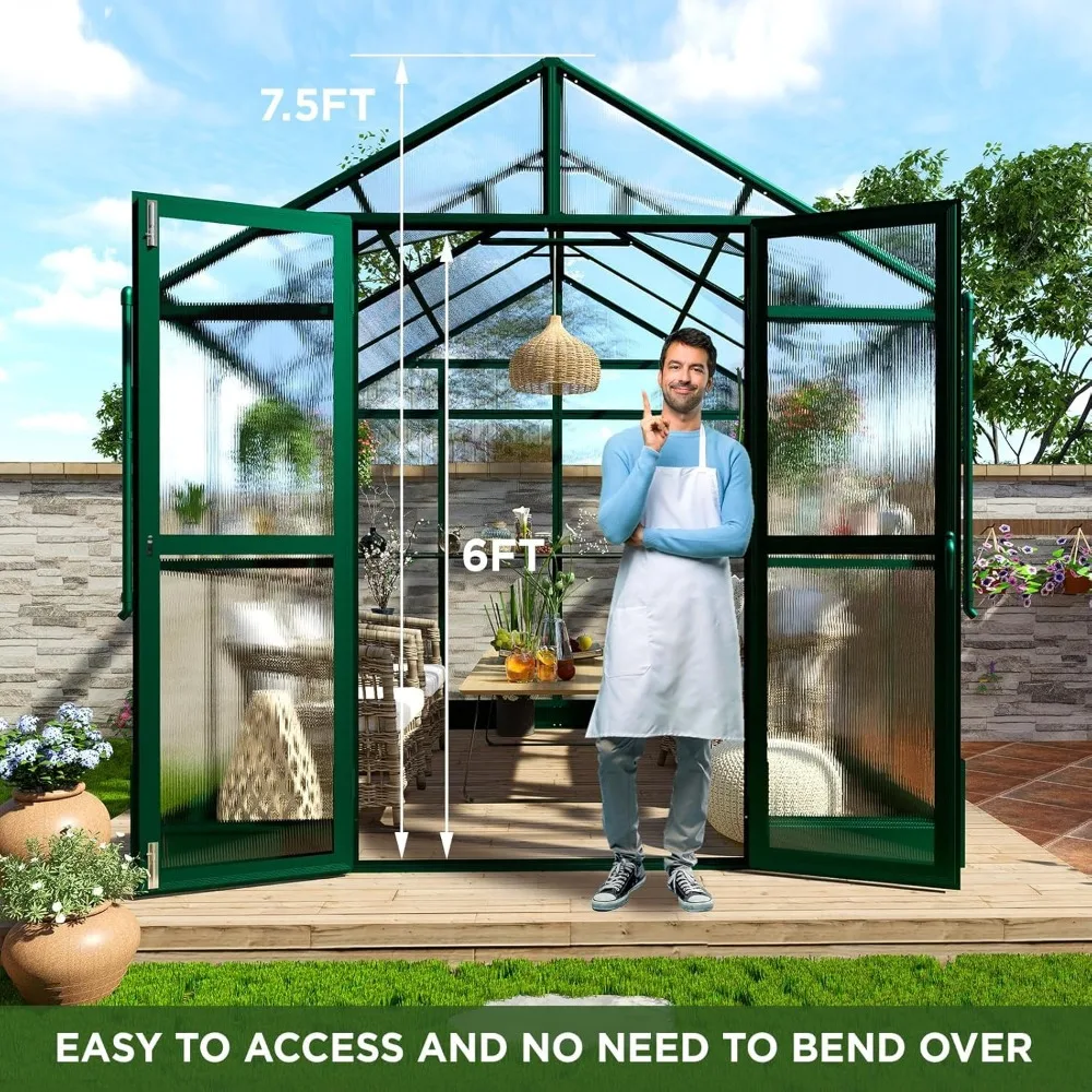 8x8x7.5 FT Greenhouses for Outdoors, Polycarbonate Greenhouse with Lockable Swing Door 2 Vents Rain Gutter, Walk-in Greenhouse