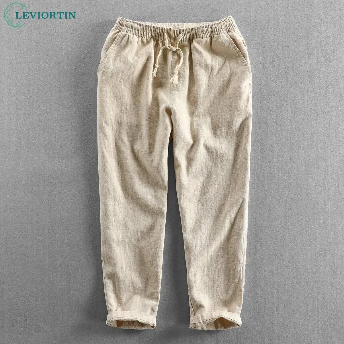 

Spring new Chinese style men's casual linen solid color pants, simple and loose drawstring elastic waist versatile cropped pants