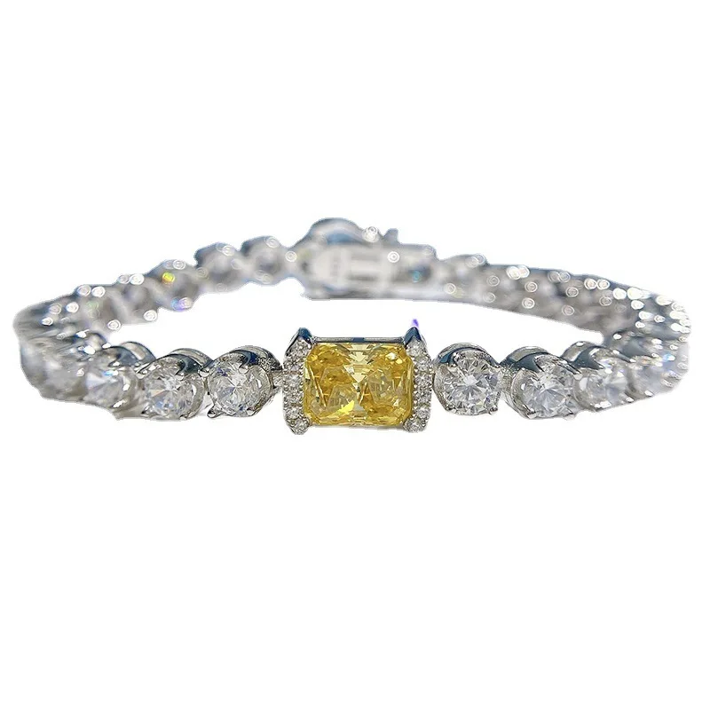 S925 Silver Bracelet Ice Cut 6 * 8 Yellow Diamond Inlaid Group Diamond Light Luxury and Simple Style Bracelet Jewelry