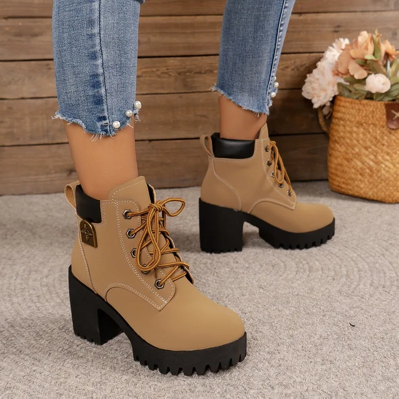 Women Big Yellow Boots 2024 New Spring Winter Pumps High Quality Lace-up European Ladies Shoes PU High Heels Fast Delivery Work