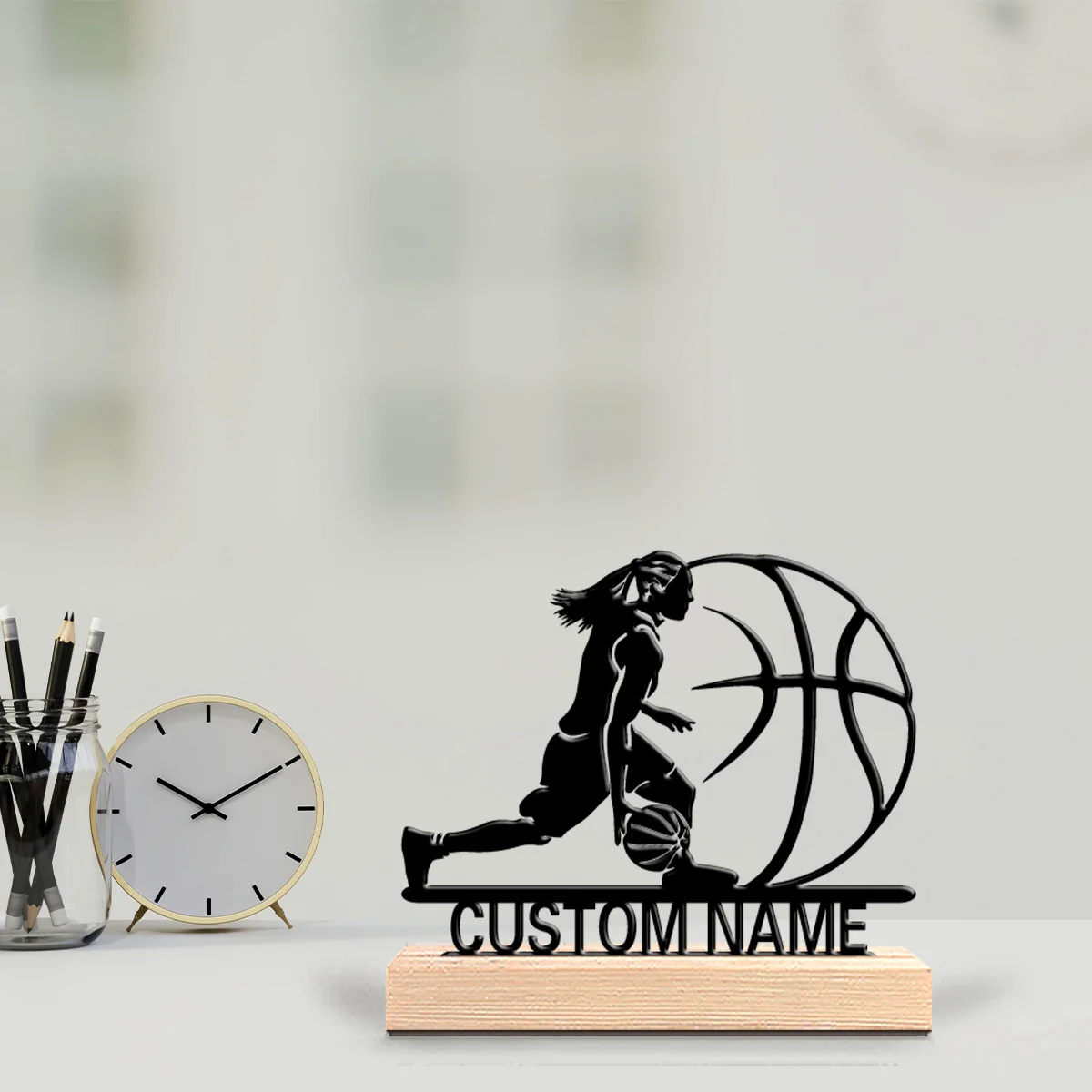 1pc Creative basketball Custom Text Metal Statue Iron Art Figurine With Wood Base Metal Sculpture With Wood Base For Youth Gifts